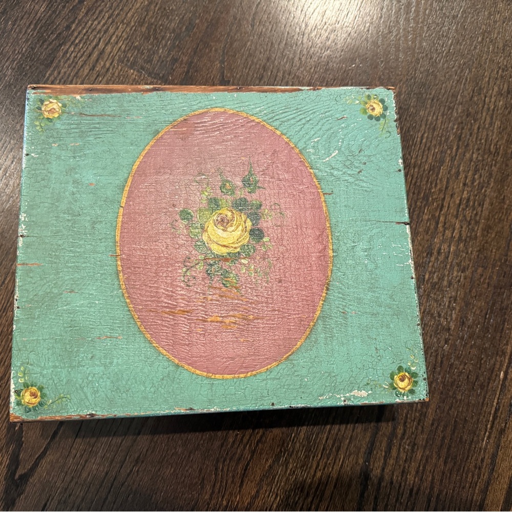 Vintage Floral Decorative Box Jewelry Wooden Wood Box Yellow Rose Mirror